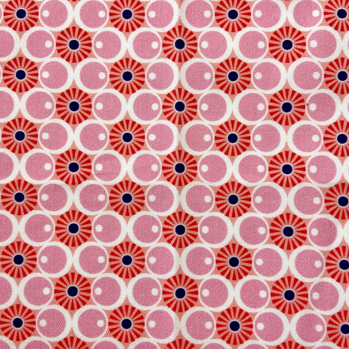 Sergé de coton imprimé motifs rose bulles années 50 mid-century vintage pop soleil orange cercles ronds 