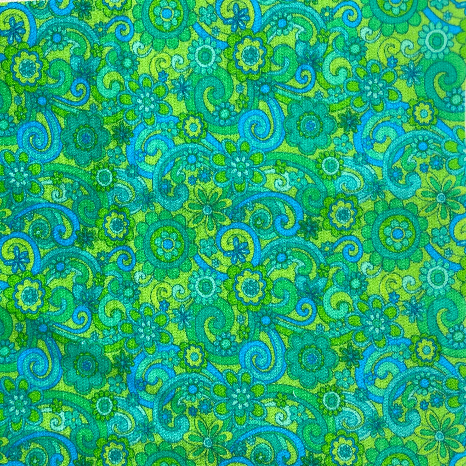 Sergé de coton imprimé motif cachemire vert anis, vert d'eau vert vif turquoise bleu coloré paisley années 70 swinging sixties boteh  